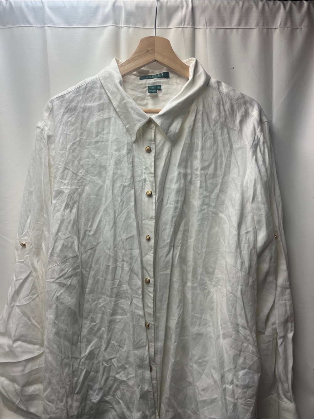 Ralph Lauren Vintage White Linen Gold Button Down Shirt Embroidered Logo- 3X - Picture 3 of 7
